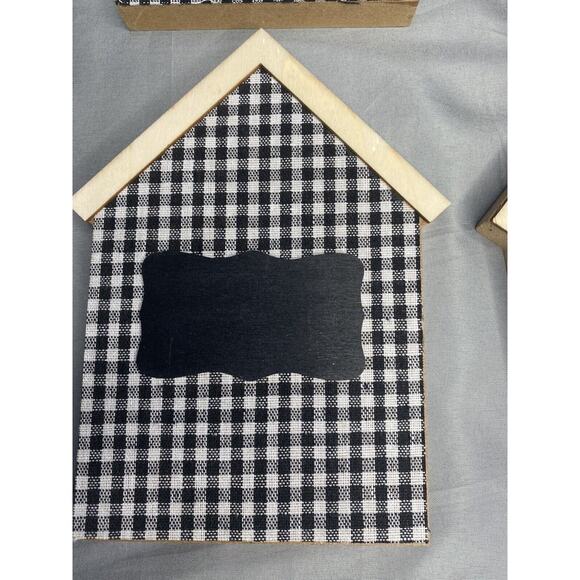 Lot of seven Gingham Wood Block Sign Chalkboard Look Tag Decor House Shaped - Picture 3 of 10